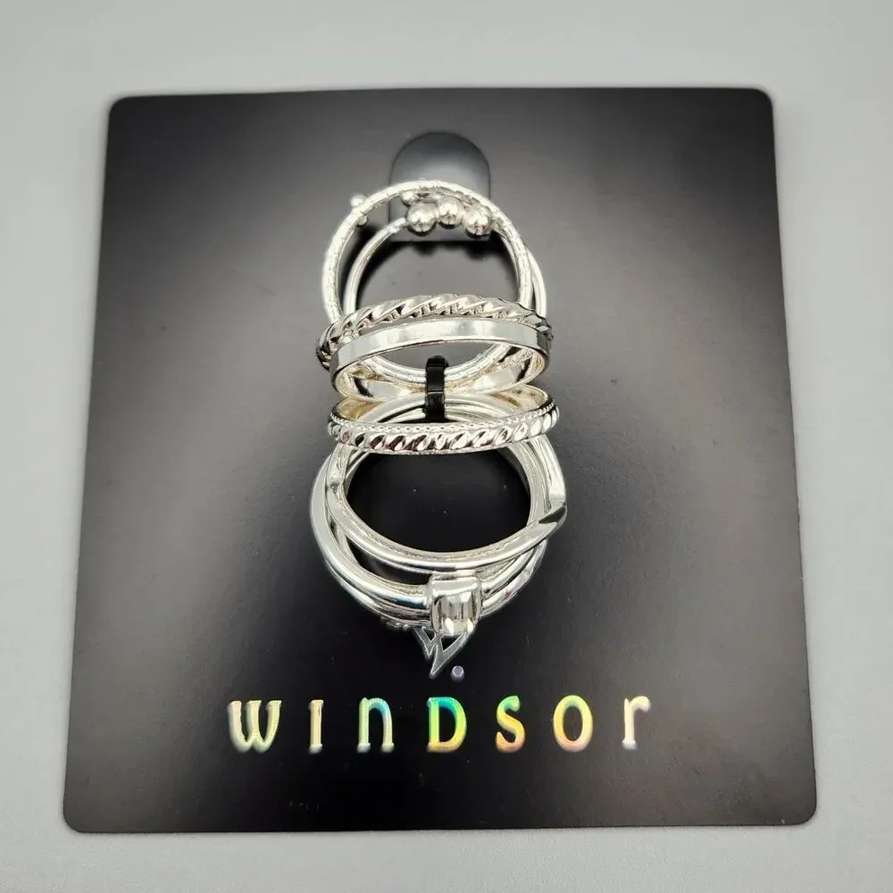 Windsor 10 Piece Ring Set Silvertone Mixed Styles Stack Bands Size 7 Fashion New